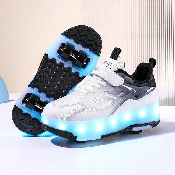 Unisex Çocuk Patenli Spor Ayakkabı (Siyah - Beyaz)