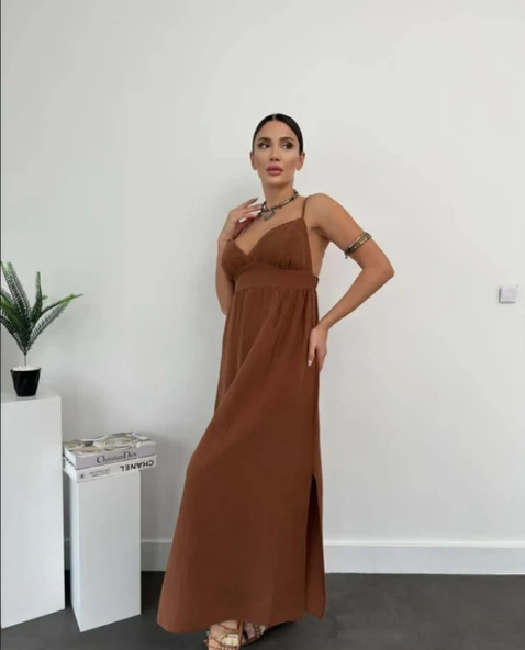 Keten Uzun Yırtmaçlı Helen Elbise - 3