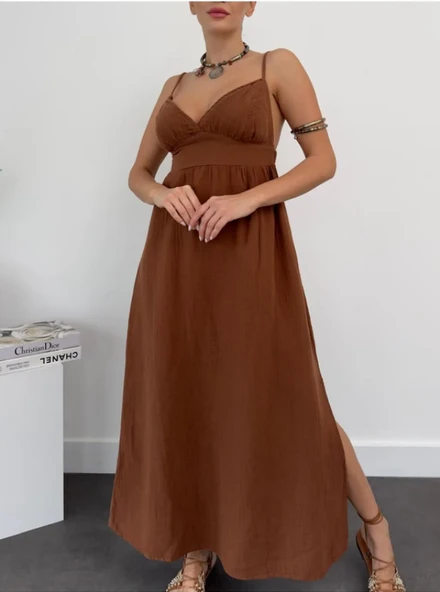 Keten Uzun Yırtmaçlı Helen Elbise