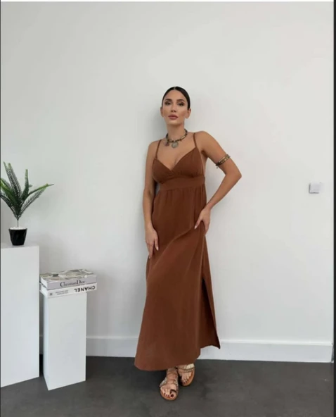 Keten Uzun Yırtmaçlı Helen Elbise - 2