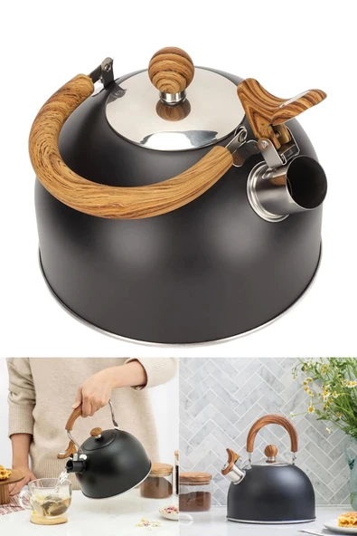 Tilbe Home Düdüklü Çaydanlık Ahşap İskandinav Su Isıtıcı Islık Çalan Çaydanlık Kettle Demlik Çay Potu 2 Litre - 5