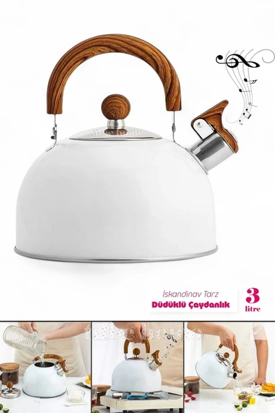 Tilbe Home 3 Litre Düdüklü Çaydanlık İskandinav Ahşap Su Isıtıcı Islık Çalan Çaydanlık Kettle Demlik Çay Potu