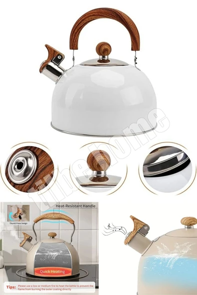Tilbe Home Düdüklü Çaydanlık İskandinav Ahşap Su Isıtıcı Islık Çalan Çaydanlık Kettle Demlik Çay Potu 2 Litre - 3