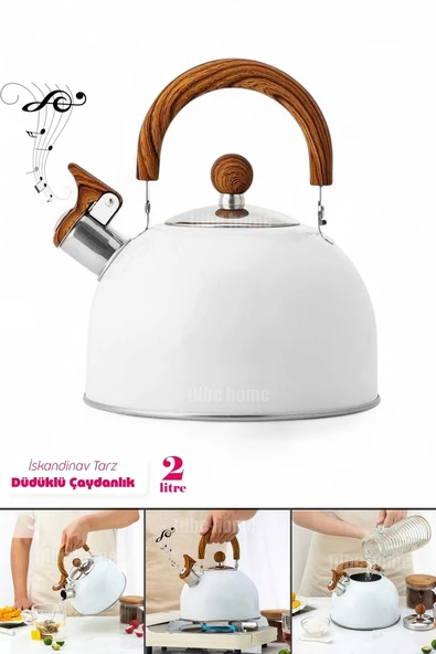 Tilbe Home Düdüklü Çaydanlık İskandinav Ahşap Su Isıtıcı Islık Çalan Çaydanlık Kettle Demlik Çay Potu 2 Litre