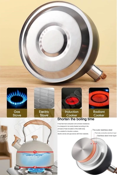 Tilbe Home Düdüklü Çaydanlık Ahşap İskandinav Su Isıtıcı Islık Çalan Çaydanlık Kettle Demlik Çay Potu 2 Litre - 6