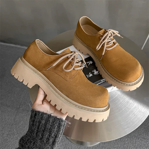 Erkek Derby Ayakkabı - Retro İş Ayakkabısı - Kalın Tabanlı (Kahverengi-7) - Resim 4