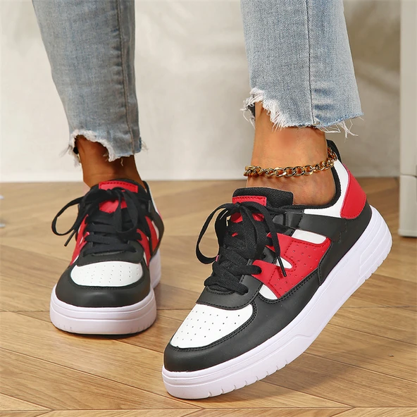 Unisex Kalın Tabanlı Spor Ayakkabı (Beyaz - Siyah - Kırmızı) - 9