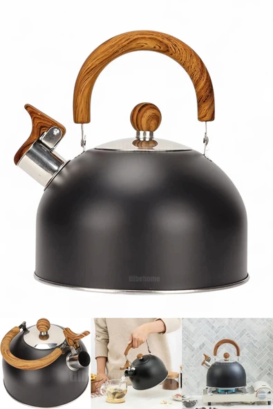 Tilbe Home Düdüklü Çaydanlık Ahşap İskandinav Su Isıtıcı Islık Çalan Çaydanlık Kettle Demlik Çay Potu 2 Litre