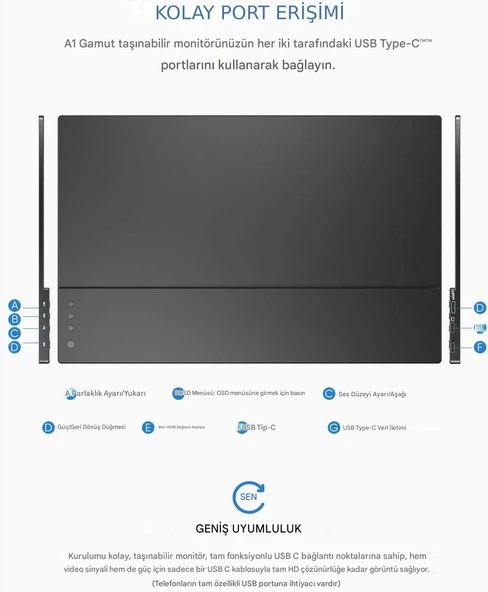 Arzopa A1 Gamut 15.6" Full HD 60Hz IPS Ultra İnce Taşınabilir Monitör - 5