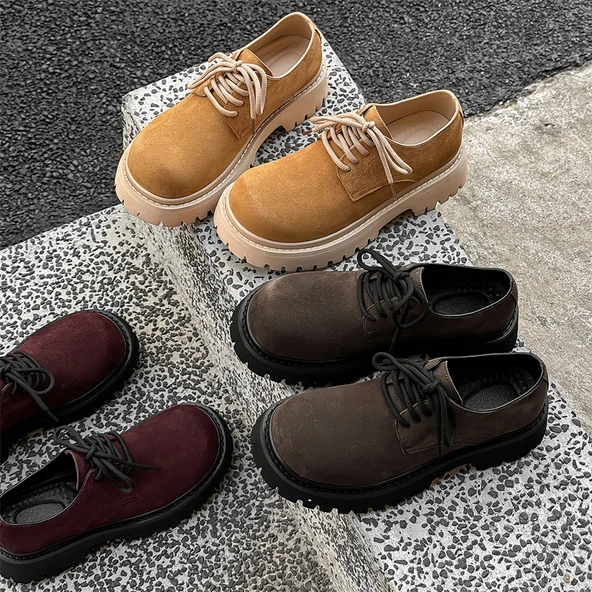 Erkek Derby Ayakkabı - Retro İş Ayakkabısı - Kalın Tabanlı (Kahverengi-7) - Resim 6