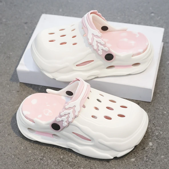 Unisex Kalın Tabanlı Terlik Sandalet (Pembe - Beyaz)