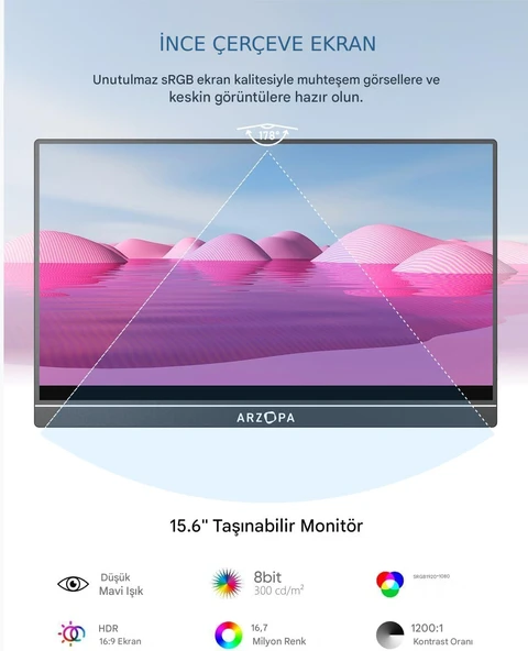 Arzopa A1 15.6" Full HD 60Hz IPS Ultra İnce Taşınabilir Monitör - 3