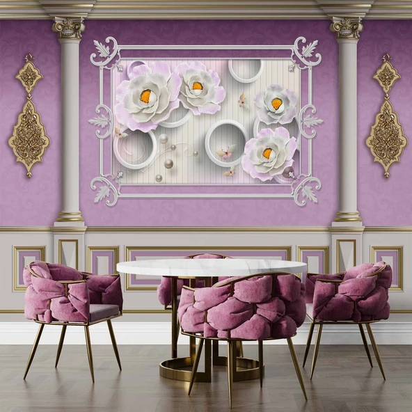 3D Pembe Panel Altın Motif Sütun Duvar Kağıdı Baskı - 5