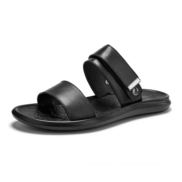 Erkek Deri Plaj Sandalet (Siyah Parlak)