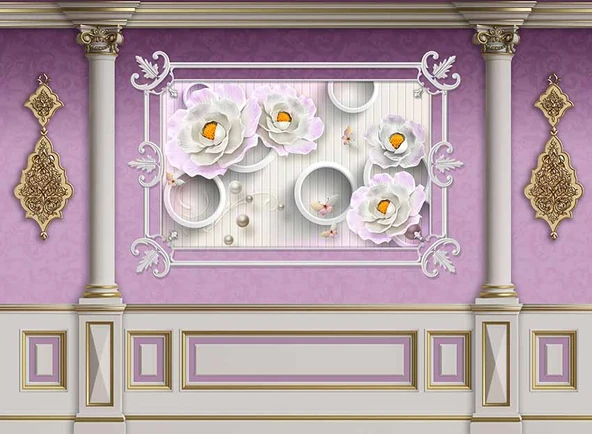 3D Pembe Panel Altın Motif Sütun Duvar Kağıdı Baskı - 7