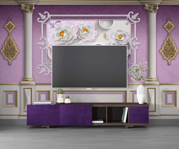 3D Pembe Panel Altın Motif Sütun Duvar Kağıdı Baskı - 3