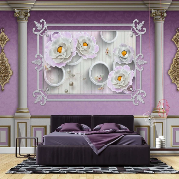 3D Pembe Panel Altın Motif Sütun Duvar Kağıdı Baskı - 2