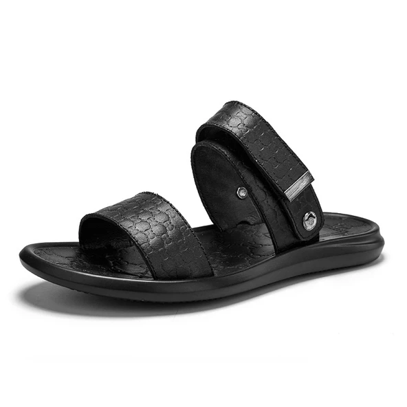 Erkek Deri Plaj Sandalet (Siyah Kabartmalı)