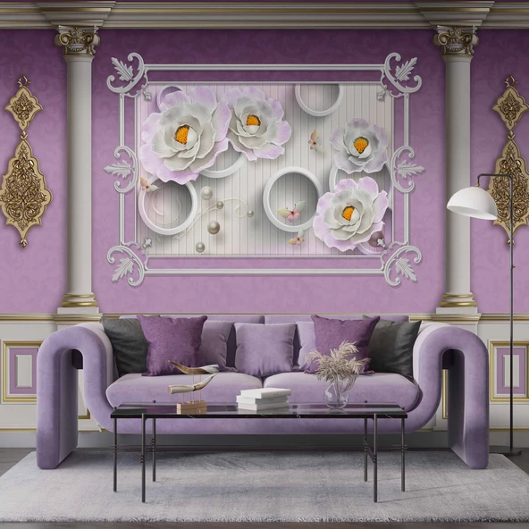 3D Pembe Panel Altın Motif Sütun Duvar Kağıdı Baskı