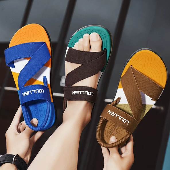 Erkek Terlik Sandalet - Elastik Bantlı - Düz Topuklu - Renk Bloklu - Yazlık (Koyu Kahverengi-5) - 4