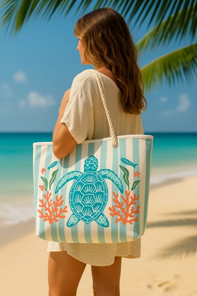 Caretta Caretta Desenli Büyük Boy Piknik ve Plaj Çantası –  Halat Saplı – 55x36x15 cm - 2