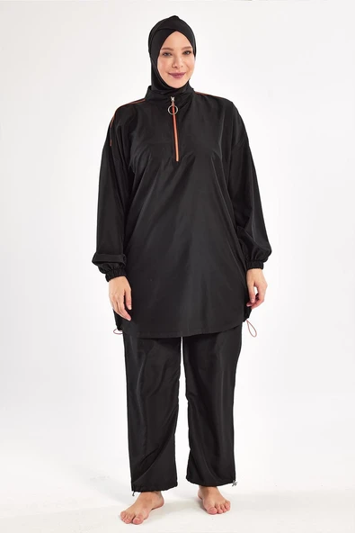 Adasea Kadın Valerıa Büyük Beden Paraşüt Uzun Kollu Tam Kapalı Tesettür Mayo 1804 Siyah - Resim 2