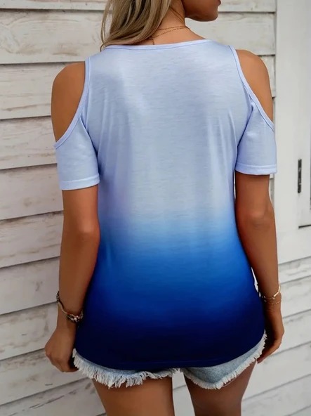 Kadın Kısa Kollu V Yakalı Omuzları Açık renk Geçiş Baskılı Süprem Bluz - 4