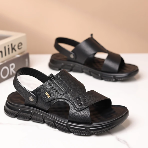 Erkek Deri Plaj Sandalet (Siyah)