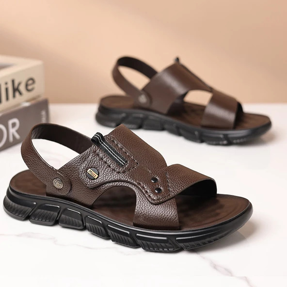 Erkek Deri Plaj Sandalet (Kahverengi-2)