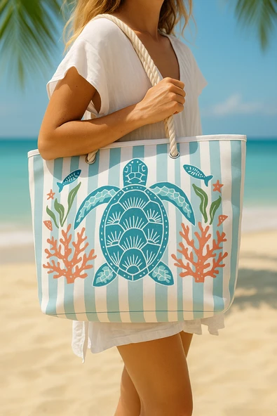 Caretta Caretta Desenli Büyük Boy Piknik ve Plaj Çantası –  Halat Saplı – 55x36x15 cm