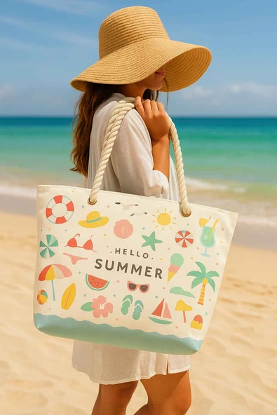 Hello Summer Desenli Büyük Boy Piknik ve Plaj Çantası –  Halat Saplı – 55x36x15 cm