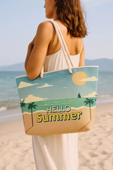 Hello Summer Büyük Boy Piknik ve Plaj Çantası –  Halat Saplı – 55x36x15 cm - 2
