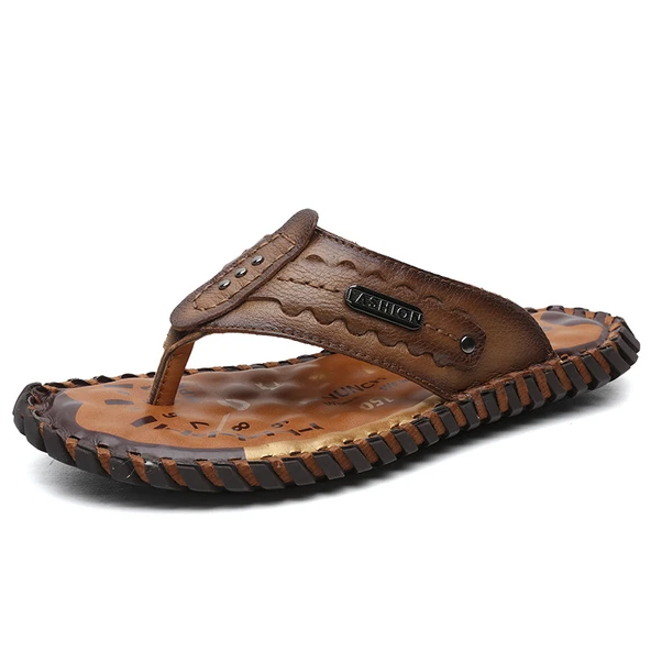 Erkek Deri Terlik Sandalet (Haki)