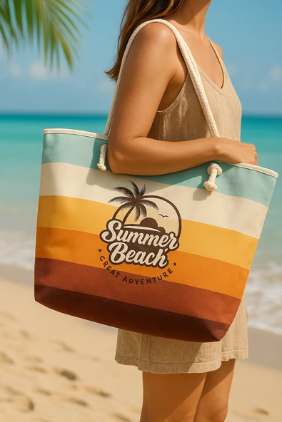 Summer Beach Yazılı Büyük Boy Piknik ve Plaj Çantası –  Halat Saplı – 55x36x15 cm