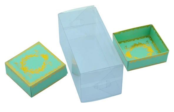 Hediyelik Alt Üst Karton Kapak Yeşil Gold Varaklı Arası Asetat Kutu (8CMX8CMX16.5CM) - 2