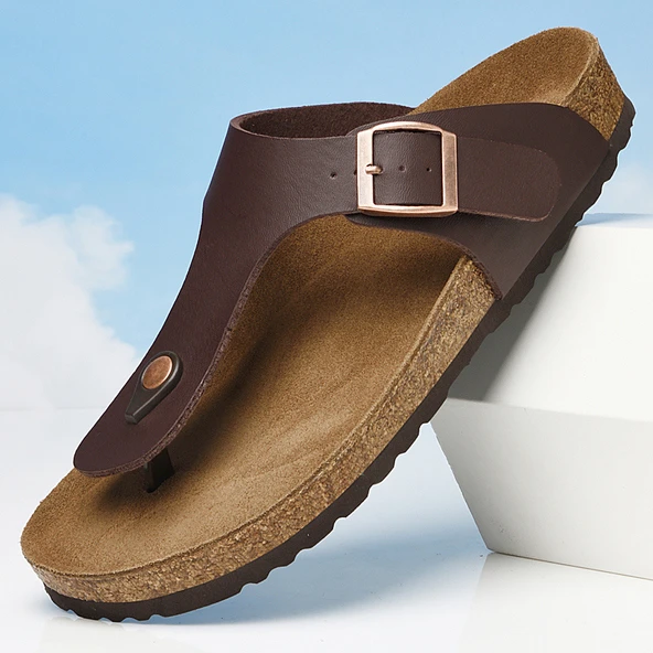Deri Terlik Sandalet - Çift Model (Kahverengi)