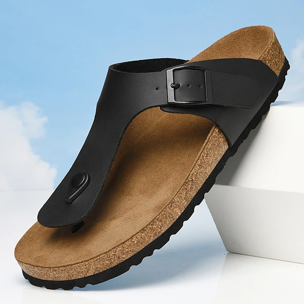 Deri Terlik Sandalet - Çift Model (Siyah)