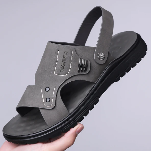 Erkek Deri Plaj Sandalet (Gri)