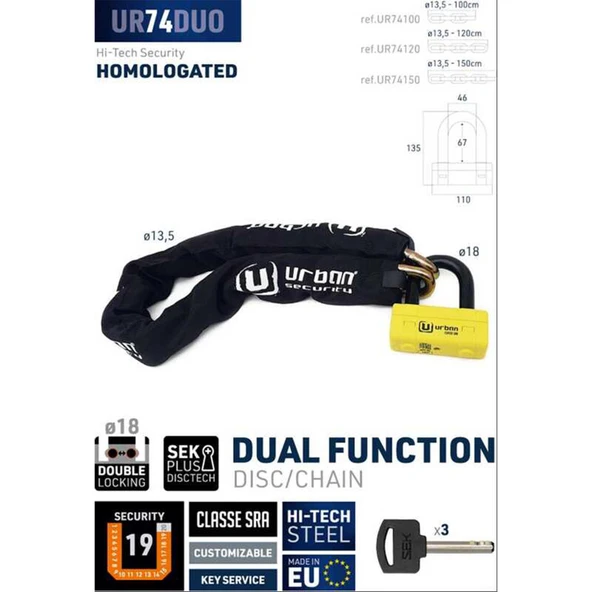 URBAN SECURITY 13.5 MM 120CM KEMENT ZİNCİR KİLİT - 4