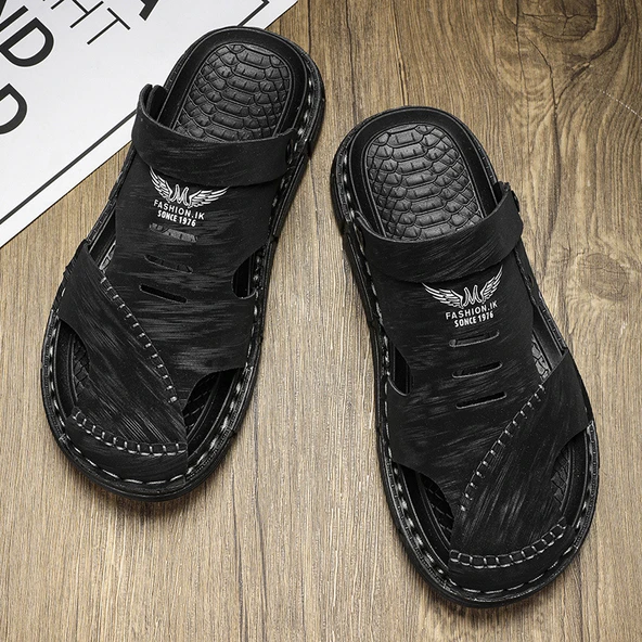 Erkek El Yapımı Deri Dikişli Plaj Sandalet Terlik (Siyah) - Resim 4