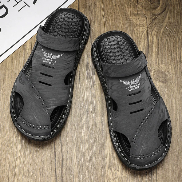 Erkek El Yapımı Deri Dikişli Plaj Sandalet Terlik (Siyah) - Resim 2