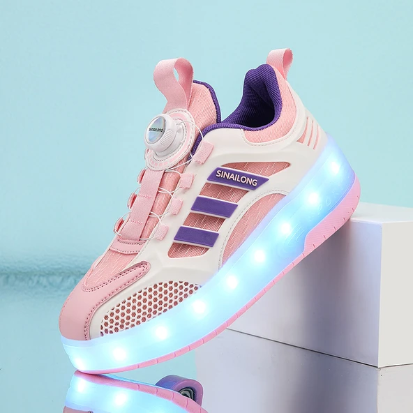 Unisex Çocuk Işıklı Tekerlekli Spor Ayakkabı (Pembe - Mor Max 40-2)