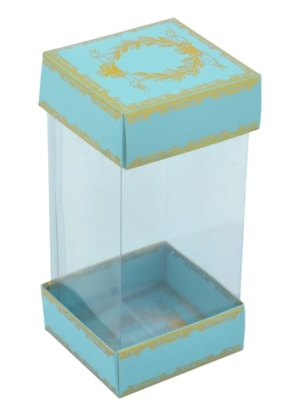 Hediyelik Alt Üst Karton Kapak Mavi Gold Varaklı Arası Asetat Kutu (8CMX8CMX16.5CM)