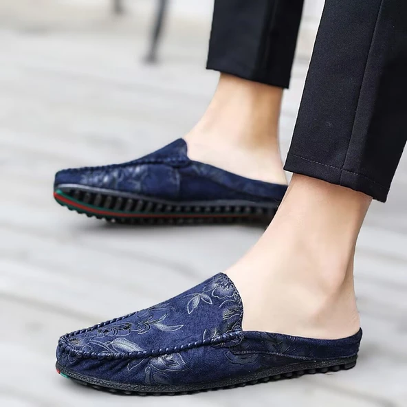 Gül Desenli Erkek Loafer Terlik (Mavi)