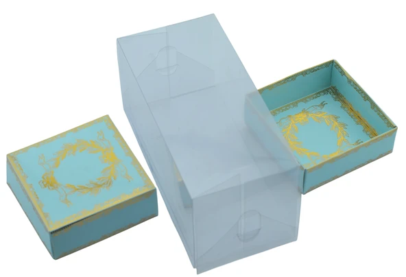 Hediyelik Alt Üst Karton Kapak Mavi Gold Varaklı Arası Asetat Kutu (8CMX8CMX16.5CM) - 2