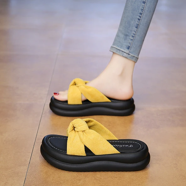 Kadın Süet Yazlık Terlik Sandalet (Sarı)