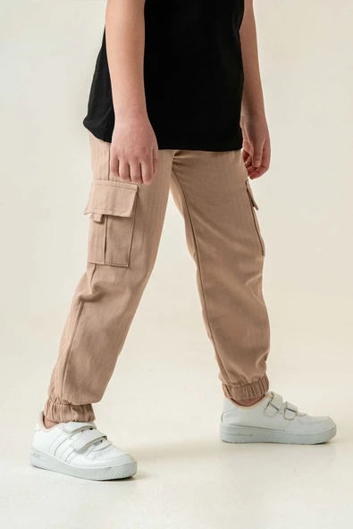 Çift Kargo Cepli Lastikli Paça Gabardin Erkek Çocuk Pantolon - 3