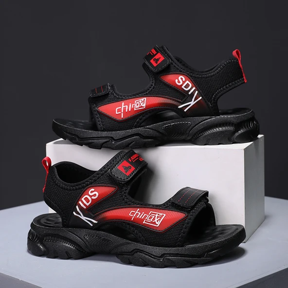 Unisex Çocuk Yazlık Fileli Sandalet (Siyah - Kırmızı)