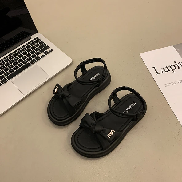 Kadın Platform Sandalet - Roma Plaj Terliği (Siyah-1)