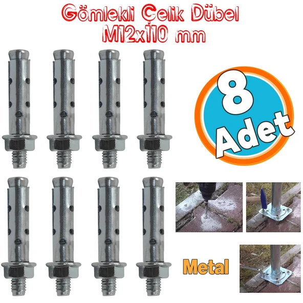Saplamalı Gömlek Çelik Dübel Raf Montaj Bağlantı Zemin Monte Tavan Beton Asma Aparat M12x110 mm 8 Adet